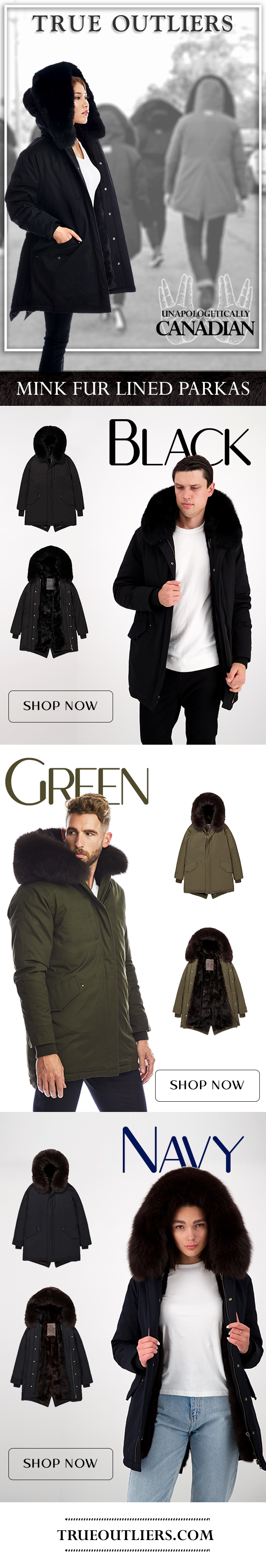 True Outliers email - mink fur lined parkas in black, green and navy